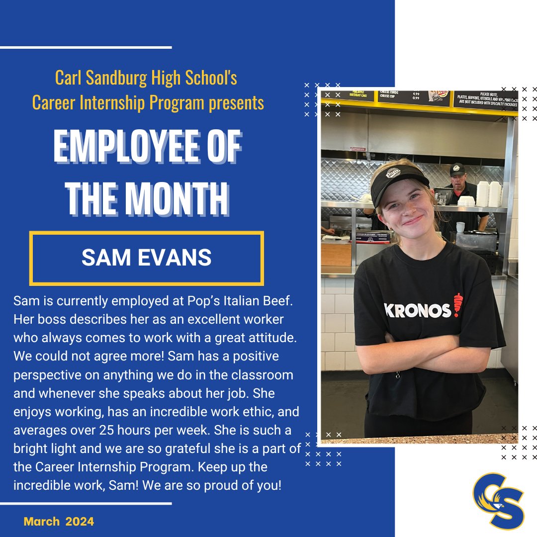 Congratulations to our <a href="/SandburgHS/">Carl Sandburg H.S.</a>'s Career Internship March Employee of the Month, Samantha Evans! We are so proud of the bright light Sam brings to her work both in and out of the classroom. <a href="/CHSD230/">District 230</a>