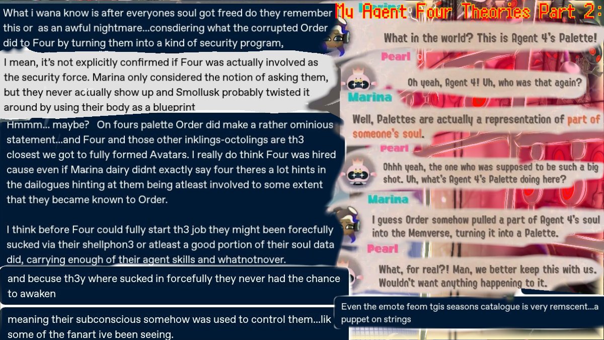 LisaRus49471072's tweet photo. I made an art collage using in-game renders and some of personal screenshots of my playthrough to make this awesome Thang! These are also my Side Order Agent 4 observations and theories!
#Splatoon #Splatoon3 #Splatoon3SideOrder #SideOrderSpoilers #agent4 https://t.co/1hs6oMAFzy