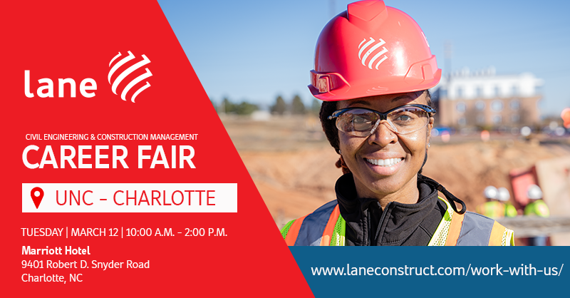 LaneConstruct's tweet image. Calling all aspiring #civilengineers and #construction managers at @unccharlotte! Are you ready to build your future? Join us at the upcoming career fair and learn how to get started with a career at Lane. Click the link to register with us! tinyurl.com/24bsyww4