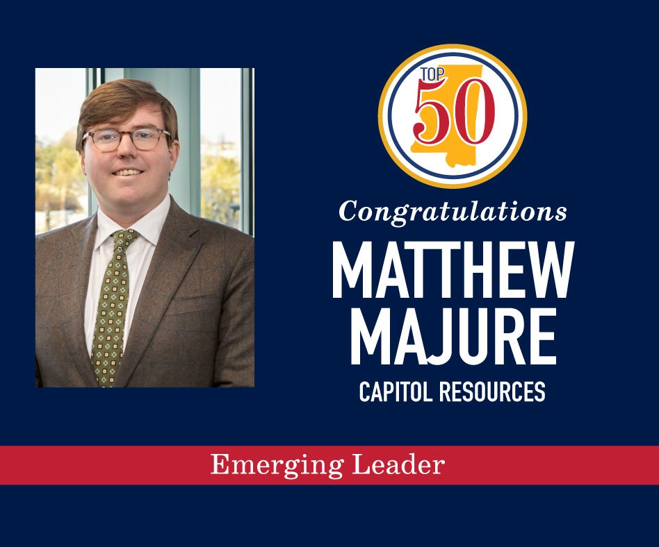 Join us in congratulating Matthew Majure @CapitolRsrcLLC on being named a Mississippi Top 50 2024 Emerging Leader. MSTop50 is the annual list of Mississippians judged to be among the most influential leaders in the state. See all of this year's honorees: mstop50.com/winners