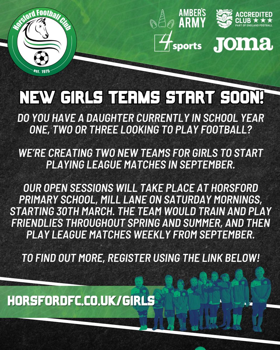 🚨🚨 𝗡𝗲𝘄 𝗚𝗶𝗿𝗹𝘀 𝗧𝗲𝗮𝗺𝘀 𝗦𝘁𝗮𝗿𝘁 𝟯𝟬𝘁𝗵 𝗠𝗮𝗿𝗰𝗵 ⚽️⚽️ We’re creating two new teams for girls to start playing league matches in September. Our open sessions will take place at Horsford Primary School, Mill Lane on Saturday mornings, starting 30th March. The team…