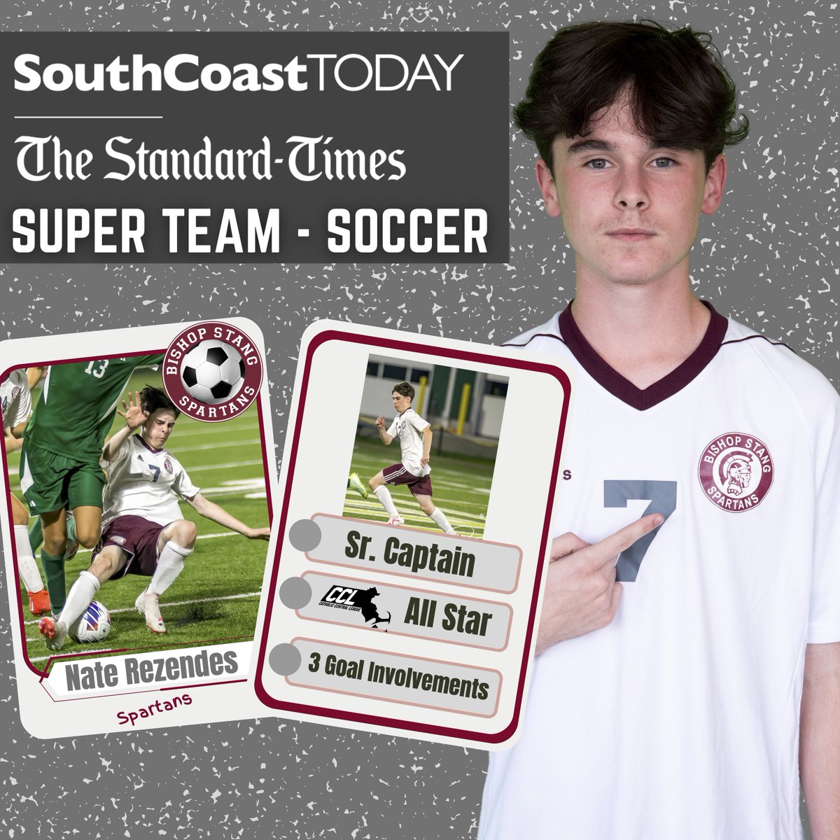 Congratulations to Sr Nate Rezendes on being named to the Standard Times Super Team for Boys Soccer! “Finished with 2 goals and 1 assist and proved versatile to be named a CCL All-Star 'Nate was a good, tactical defender who was strong on the ball' Congrats Nate! @SC_Varsity