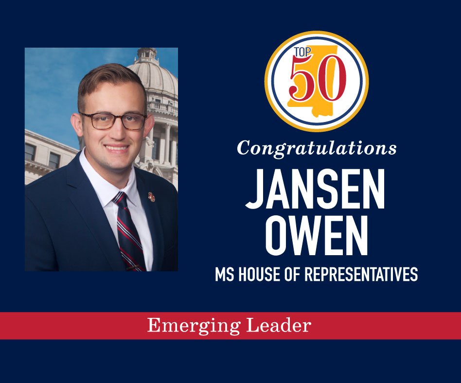 Join us in congratulating @JansenOwen on being named a Mississippi Top 50 2024 Emerging Leader. MS Top 50 is the annual list of Mississippians who are judged to be among the most influential leaders in the state. See all of this year's honorees: mstop50.com/winners
