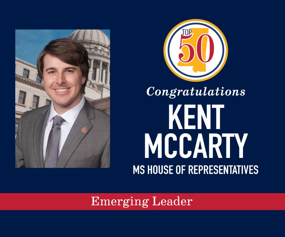 Join us in congratulating @KentMcCarty on being named a Mississippi Top 50 2024 Emerging Leader. MS Top 50 is the annual list of Mississippians who are judged to be among the most influential leaders in the state. See all of this year's honorees: mstop50.com/winners