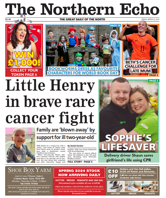 EchoNickG's tweet photo. Tomorrow's @TheNorthernEcho 

Teesside comes together to help brave little Henry and his fight against a rare cancer, raising thousands of pounds to help his 'blown away' family

One of our own ❤️ 

@Boro #UTB 🔴⚪️
 
#TomorrowsPapersToday https://t.co/rKcduXVmMB