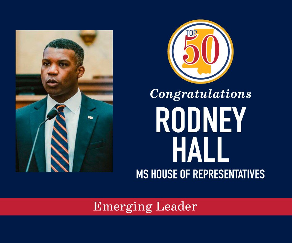 Join us in congratulating @RodneyHallforMS on being named a Mississippi Top 50 2024 Emerging Leader. MS Top 50 is the annual list of Mississippians who are judged to be among the most influential leaders in the state. See all of this year's honorees: mstop50.com/winners