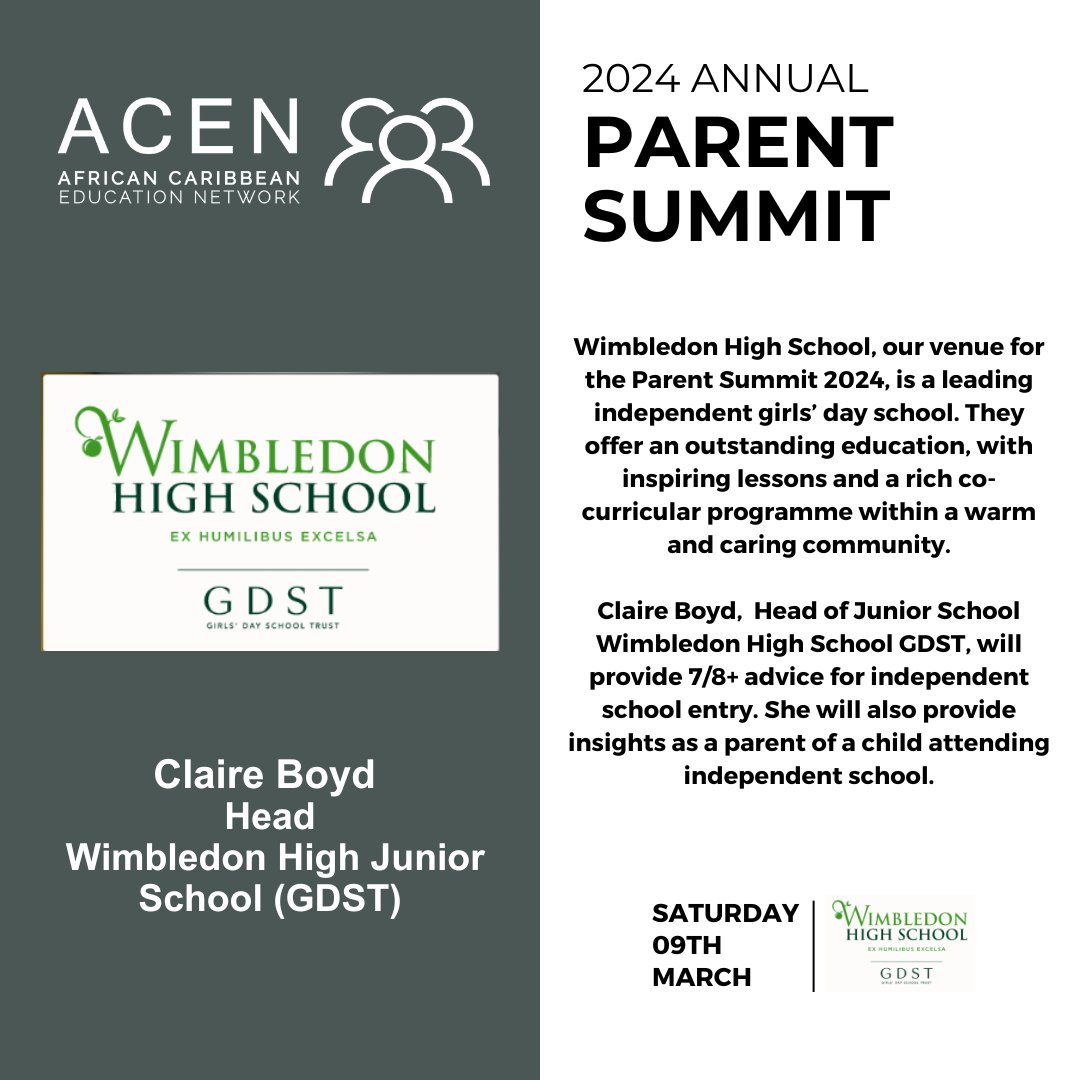 We are pleased to be holding our 2024 Parent Summit, aimed at parents and carers of African Caribbean children currently attending or interested in applying to independent and/or grammar schools, at the Wimbledon High School (GDST). Last call to register. Link in bio!