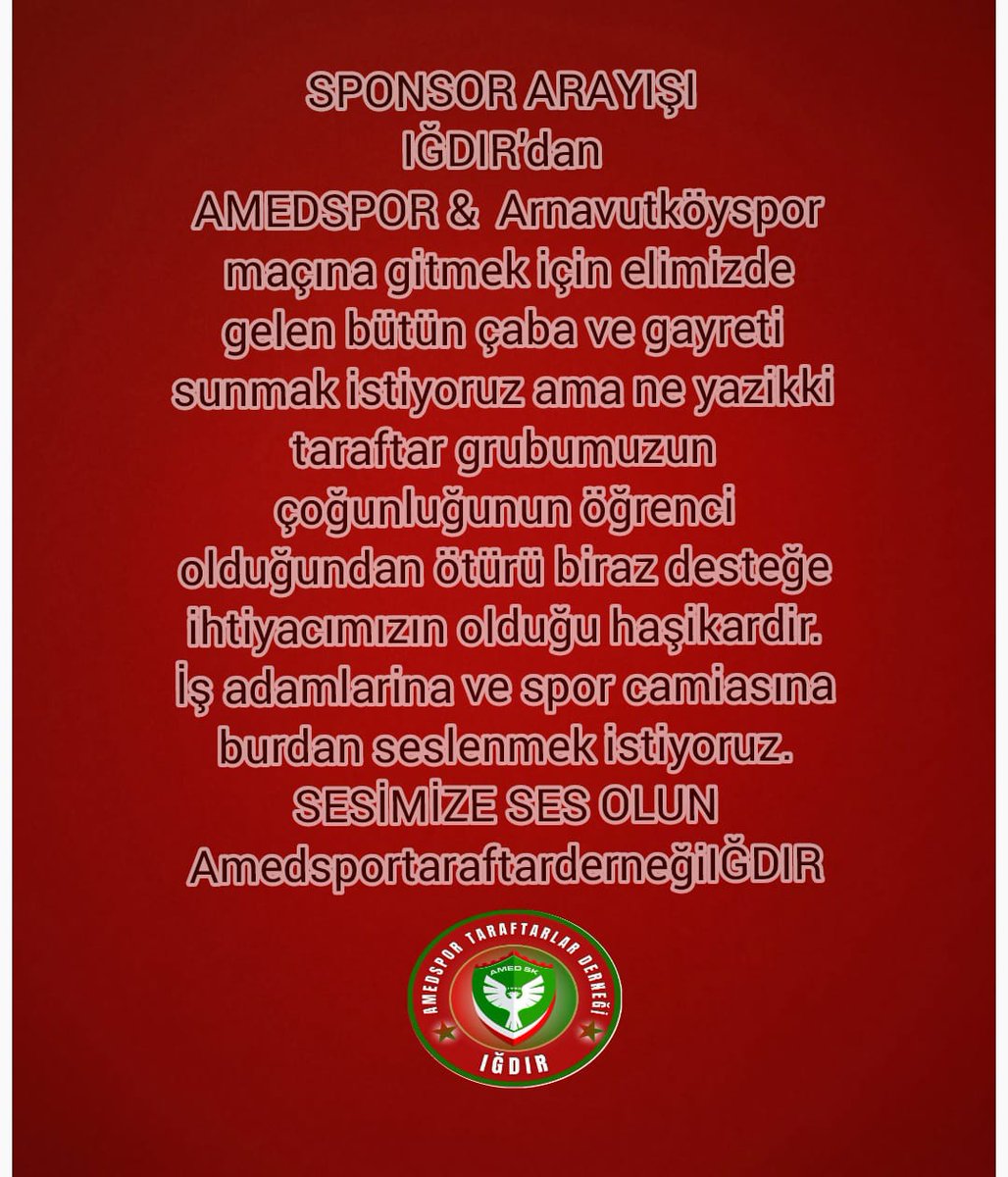 Amed6pas's tweet photo. Amedspor İdîr taraftarlar derneği  Arnavuköy maçına gelmek istiyor, derneğimizin çağrısına kulak verelim. 

Bu maçta 33 bin kişi tek ses olalım. https://t.co/syTfJH0mtK