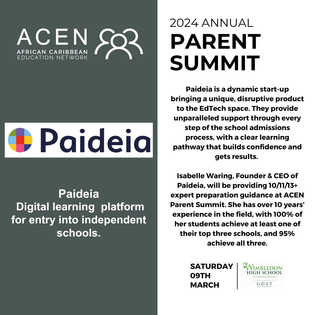 We are pleased to offer our attendees expert advice from @Paideialondon at our 2024 Parent Summit, offering insight into navigating entry processes for independent schools. Join us on Saturday, 9th March at our Annual Parent Summit. Last call to register! link in our bio.