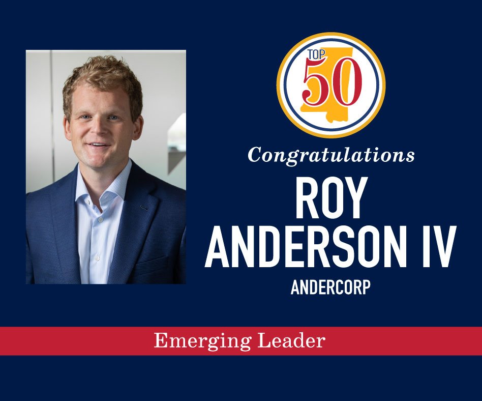 Join us in congratulating Roy Anderson IV on being named a Mississippi Top 50 2024 Emerging Leader. MS Top 50 is the annual list of Mississippians who are judged to be among the most influential leaders in the state. See all of this year's honorees: mstop50.com/winners
