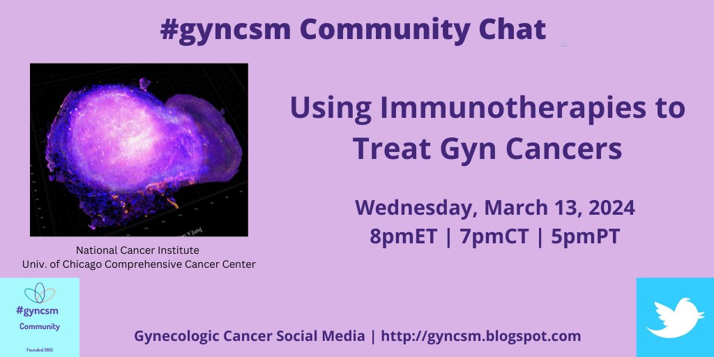 Join us on Wed Mar 13th at 8pmET for our #gyncsm (gynecologic cancer) Immunotherapy update chat. gyncsm.blogspot.com/2024/02/lets-c…