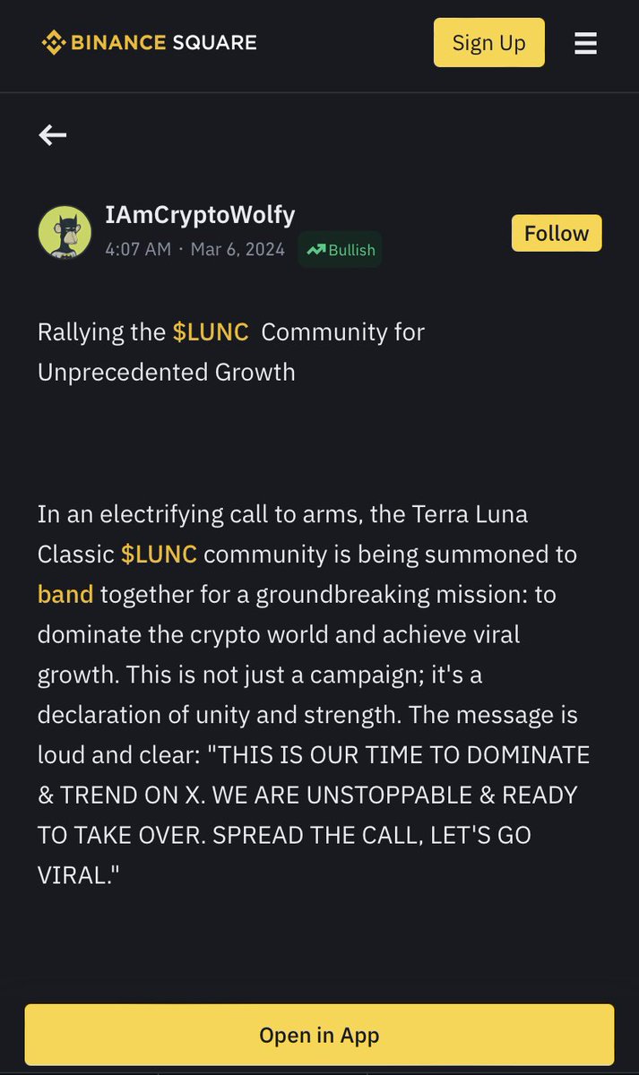 BREAKING: <a href="/IAmCryptoWolfy/">IAmCryptoWolfy</a> submits a call to arms on #Binance square calling for all $LUNC holders to unite on social media platforms. 

Wolfy requests all holders to push #LUNC on X and to do their part to make #LunaClassic go viral. Send it! 🚀🌕💎🤲🏻 #Crypto #LUNCcommunity