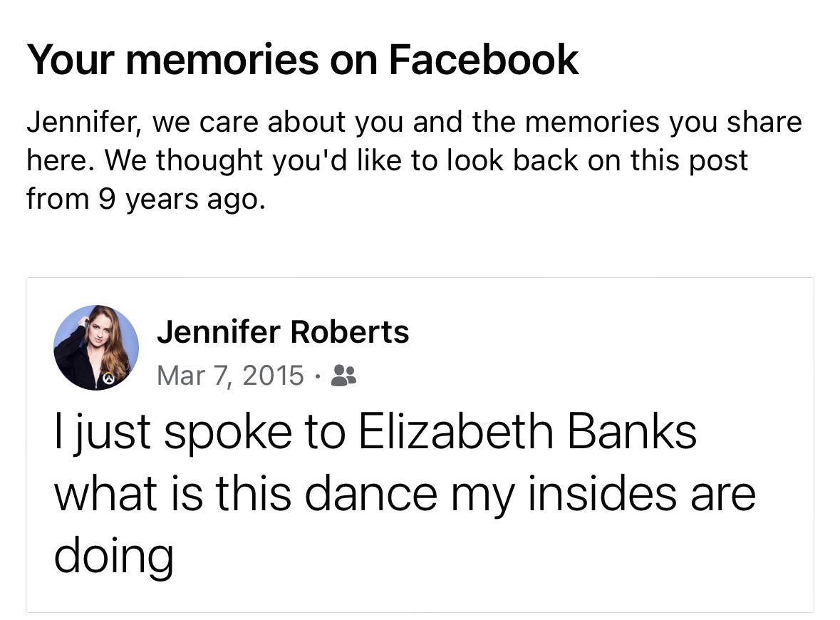 I often joke about how the only celebrity I’ve gotten tongue-tied in front of, out of the dozens of very famous people I’ve interacted with, was Elizabeth Banks. Facebook just told me that was NINE YEARS AGO? What is time?