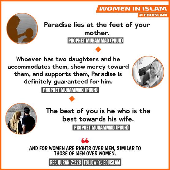 As per Messenger of God Prophet Muhammad(pbuh) EVERY DAY is #WomensDay

As a Mom: Paradise lies under her FEET
As a Wife: She COMPLETES husband's faith
As a Daughter: She is the KEY to paradise for her father if he nurtures her well

That's the RESPECT for #WomenInIslam