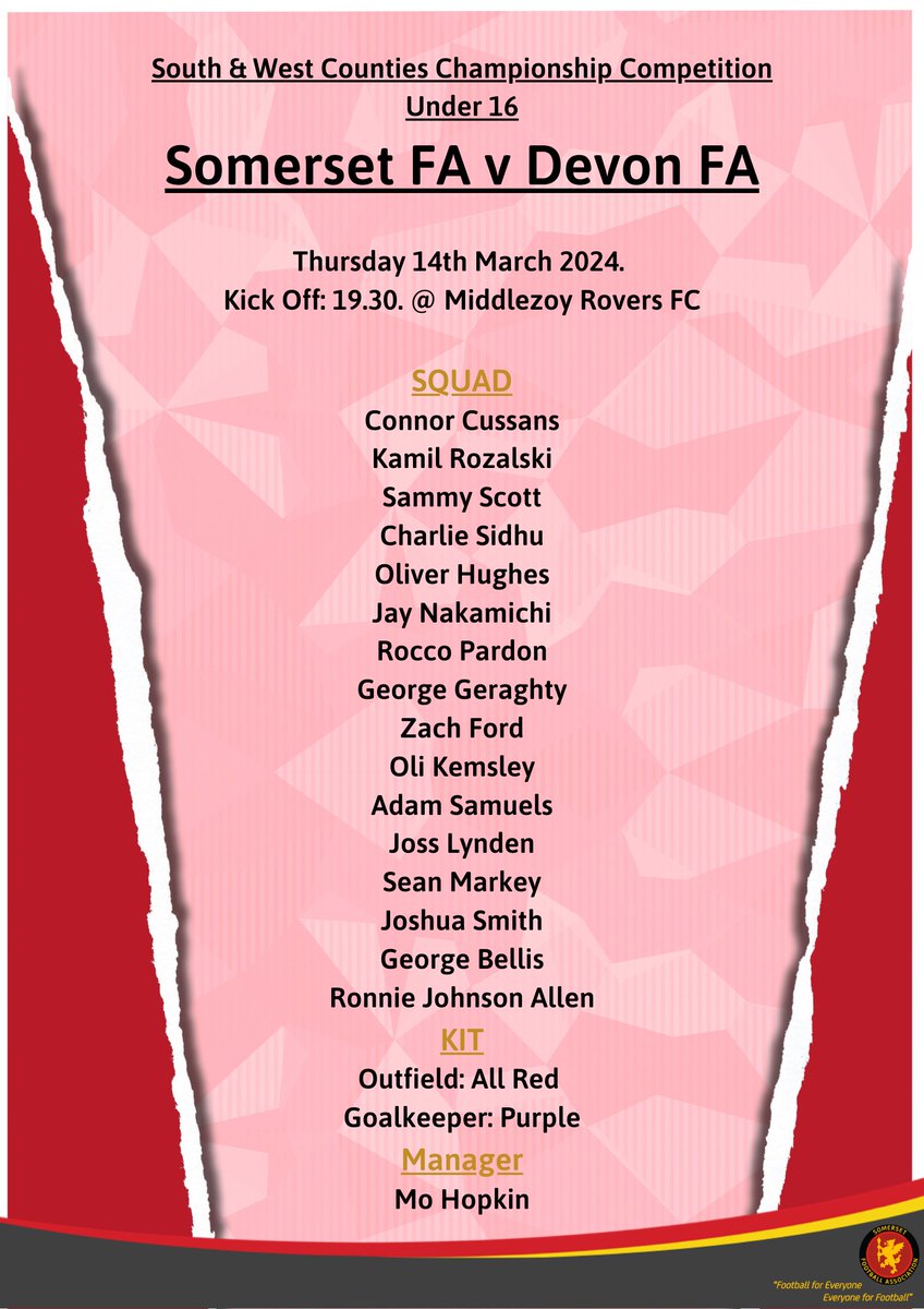 SomersetFA's tweet photo. Next Thursday at Middlezoy Rovers, Somerset FA U16 County Representative side hosts Devon FA, and after a 4 season hiatus, this is a long-awaited reactivation of County Representative Football.

Best of luck to all involved and we look forward to seeing you all next week. https://t.co/imnDoAd3Se