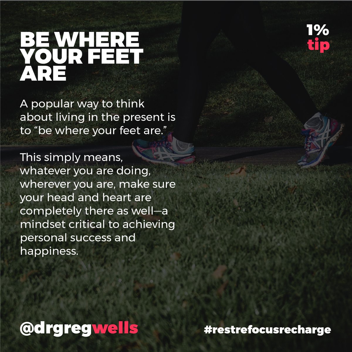 drgregwells's tweet photo. Rest Refocus Recharge Tactic: Be where your feet are
Have questions about how to focus better? Ask Dr Greg’s GPT: https://t.co/jN5eFpLqBw.
#restrefocusrecharge #sharpenyouredge #mentalhealth #breathe #wellness #mindset #brain #creativity #mindful #meditation https://t.co/Ss3OxJkL6M