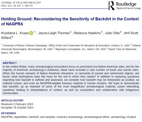 buff.ly/3PcH9kC New Article: Krupa & colleagues explore the classification of backdirt as an ecofact, material culture, & NAGPRA-eligible funerary item, highlighting the complexities of interpreting context & engaging with Indigenous communities & their perceptions.
