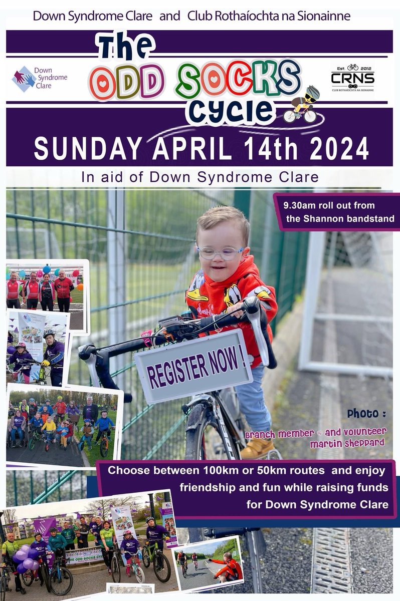 Down Syndrome Clare and Club Rothaíochta na Sionainne are pleased to announce that registration for this year's The Odd Socks Cycle is now open 🎉🎉🎉 Secure your ticket here 👇 eventmaster.ie/event/p1eztvyT… #ActiveClare