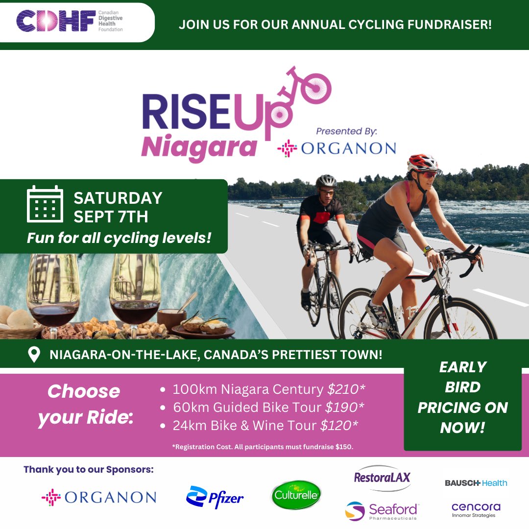 CDHF’s RISEUp for Digestive Diseases Cycling Fundraiser is back- with a new location in beautiful Niagara-on-the-lake!   Join us on September 7th for an unparalleled cycling adventure with new routes and a commitment to supporting a meaningful cause: cdhf.ca/en/riseup-niag…