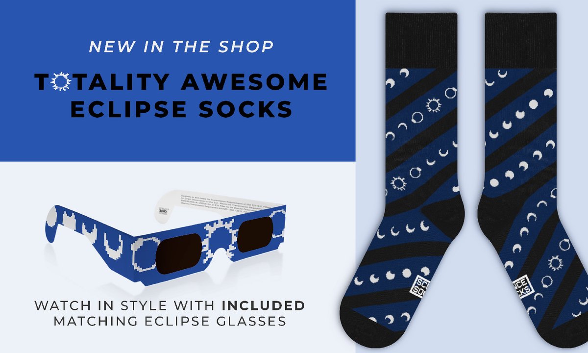 ☀️ New in the shop ⚫️

Totality Awesome eclipse socks, matching eclipse glasses, and stickers 🤩

Watch the eclipse in style on April 8th! 🧦 😎

Grab your pair here:
🔗 sciencesocks.co/collections/ec… 👈

Please like and repost so we can hit our pre-order goal 🙌