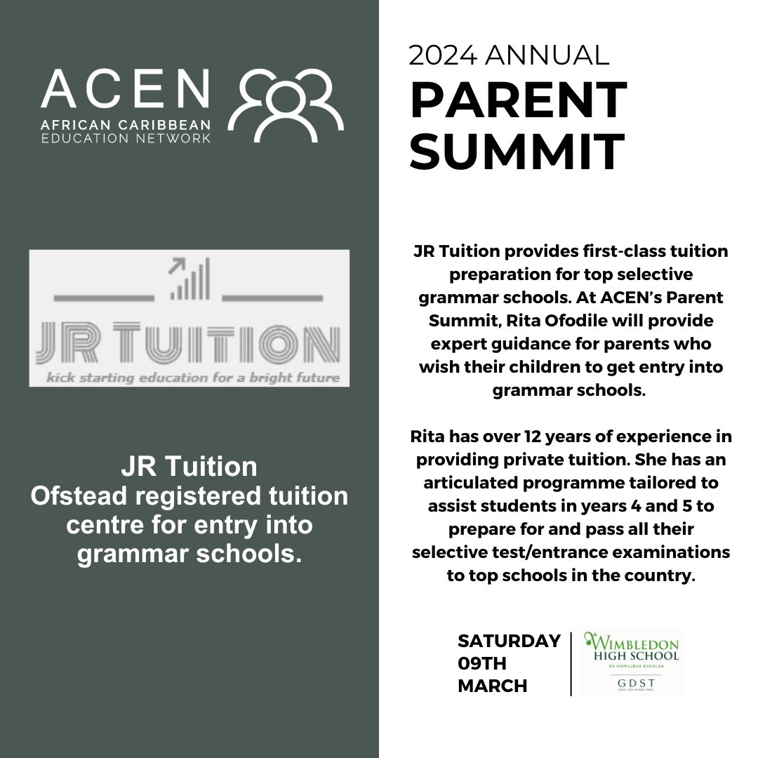 We are pleased to offer our attendees expert advice from Rita Ofodile from JR Tuition, at our 2024 Parent Summit. She will be offering insight into navigating entry processes for grammar schools. Register for the ACEN Parent Summit, to be held on Sat 9 March. Link in bio!