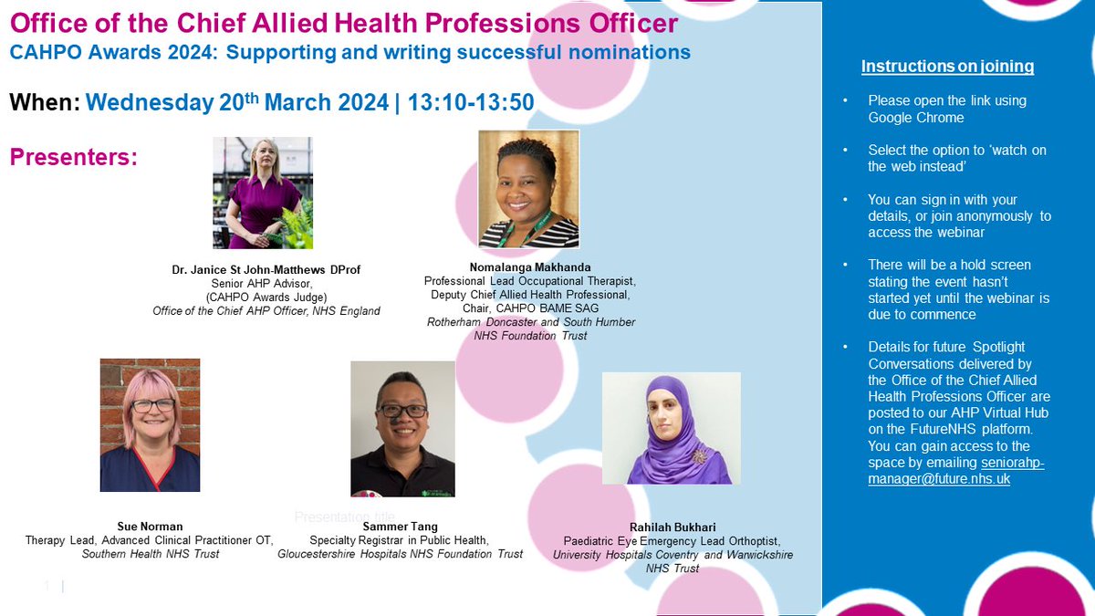 🚨CAHPO Awards Webinar: Supporting successful nominations Previous AHP of the Year winners will share ‘Expert Top Tips’ on how to get the best from applications   📆 Wed 20 March (13.10 – 13.50) Join via 👉 tinyurl.com/4m9kxrcb   @SueNorman269 @SammerTang @BukhariRahilah
