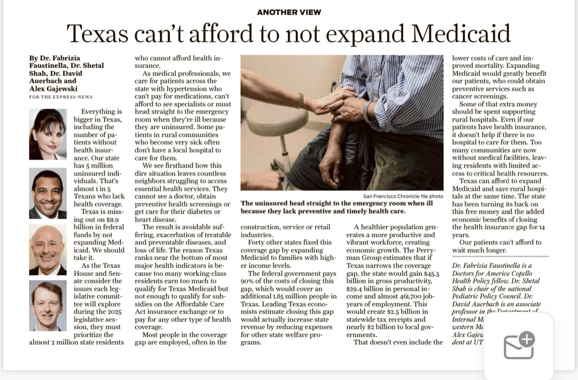 Check out our ⁦@ExpressNews⁩ Op/Ed w/ ⁦@drsforamerica⁩ Copello Fellow on the urgency of adopting Medicaid expansion in Texas. RT ⁦@TXPeds⁩ ⁦@AAPneonatal⁩ ⁦@NYSAAPCH2⁩ ⁦@NYSAAPCH3⁩ ⁩ ⁦@AAPNews⁩ ⁦@TXChildrensPR⁩ ⁦@UTSWNews⁩