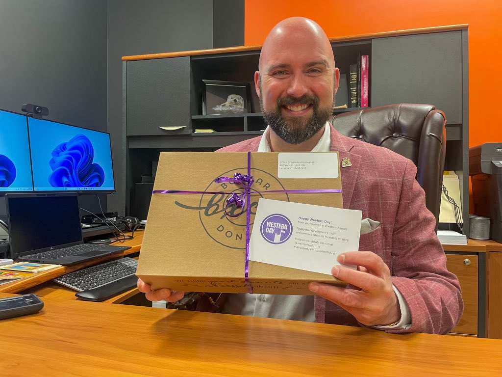 What a wonderful way to celebrate Western Day! Thank you @westernuAlumni for this lovely surprise of Boxcar Donuts! Today marks #WesternU’s 146th anniversary since it’s founding in 1878. #PurpleAndProud #LdnOnt