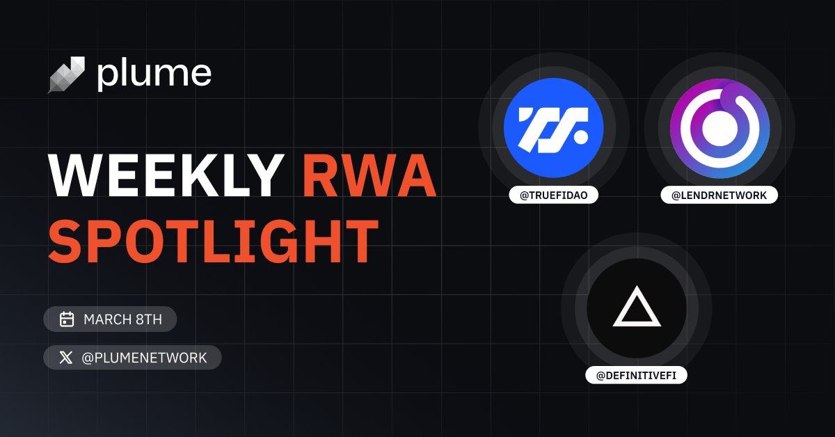 🚀 Join us tomorrow to chat with the latest RWA projects deploying on Plume! 🪶 @TrueFiDAO 🪶 @lendrnetwork 🪶 @DefinitiveFi 📆 Friday, March 8th 🕑 16:00 GMT 📌 twitter.com/i/spaces/1BdxY…