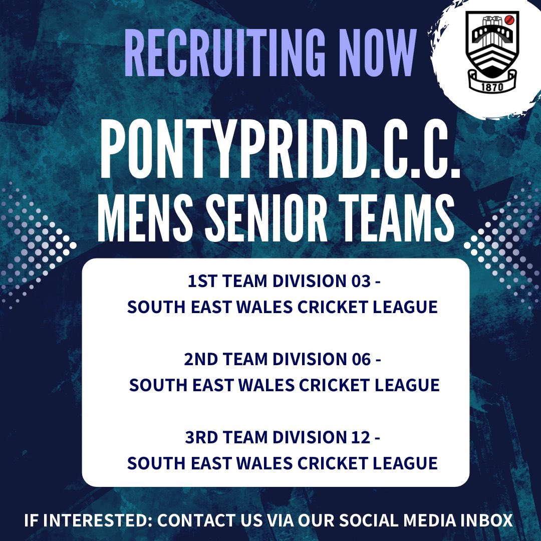 📣RECRUITING NOW📣 Pontypridd CC are recruiting new players this season to join the senior men’s teams. Pre season training has started, if interested drop us a direct message for details 🏏
