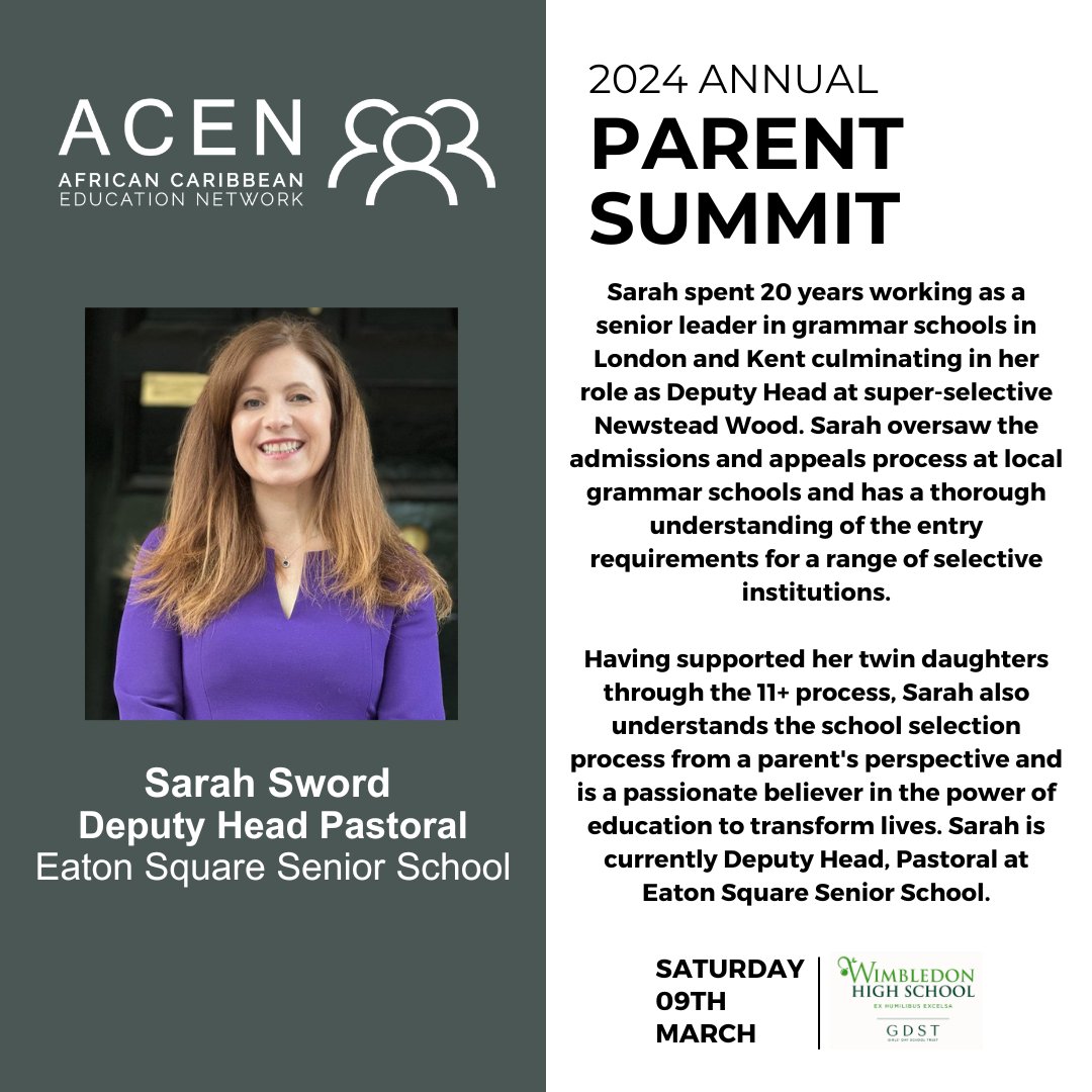 We are pleased to offer our attendees expert advice from Sarah Sword at our 2024 Parent Summit, offering insight into navigating entry processes for grammar schools. This is the last call to register for the ACEN Parent Summit, to be held on Sat 9 March. Link in bio!
