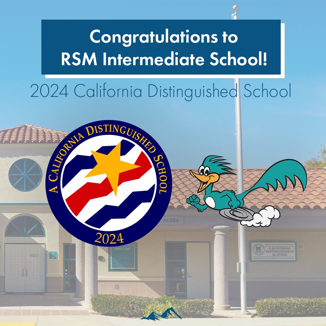Congratulations to Rancho Santa Margarita Intermediate School! On February 29, 2024, State Superintendent Tony Thurmond announced that RSM Intermediate is a 2024 California Distinguished School. For more information, check the link in our bio. Go Roadrunners!