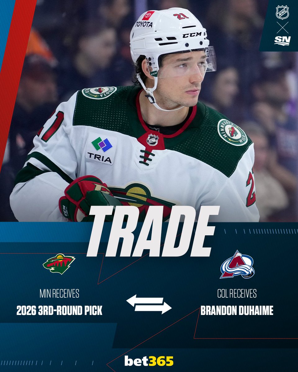 The Avalanche have acquired Brandon Duhaime from the Wild for a 2026 third-round pick. 🔁

#NHLTradeDeadline | <a href="/bet365ca/">bet365 Canada</a>