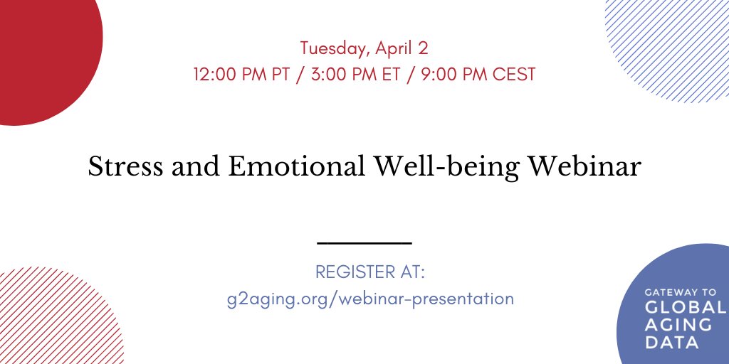 g2aging's tweet photo. Join us on 4/2 for the Stress and Emotional Well-being webinar hosted in conjunction with the @Stress_Network to learn about using #harmonized stress and emotional well-being measures in the @hrsisr family of studies.

Register here: https://t.co/cs16WkN7bq https://t.co/odiXWeijU4