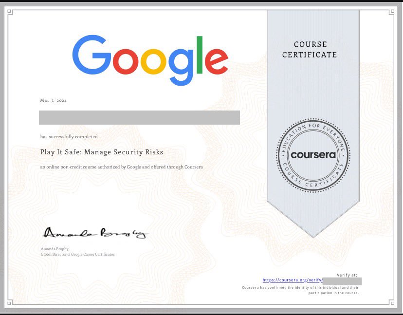 hack_sparo's tweet image. Just earned my Google course certificate on Coursera! 🚀 Grateful for the opportunity to expand my skills. Big thanks to @Google and @coursera for the valuable learning journey! #LifelongLearner #GoogleCertification #Coursera