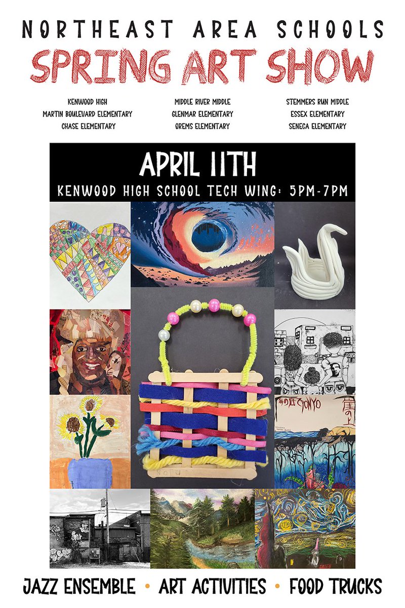 We are happy to promote our annual Northeast Area Schools Spring Art Show! @KenwoodHS @MRMSlions @StemmersRunMS @MartinBlvdES @GlenmarES #EssexElementary @chasebcps @oremsbcps @SenecaElem THX to Jacob Martinez & @KHSGraphicsBCPS for producing the poster! @RTwentey @sfisherBCPS