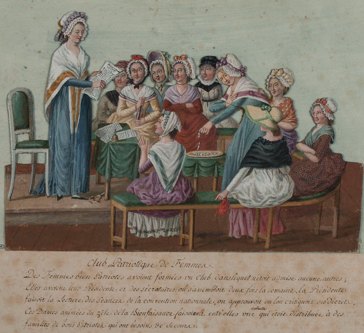 museecarnavalet's tweet photo. #JourneeInternationaleDesDroitsDesFemmes #8mars
Cette gouache de Lesueur représente un club patriotique de femmes sous la Révolution. Exclusivement féminin, le club se retrouve deux fois par semaine pour notamment lire les séances de convention nationale et discuter des décrets. https://t.co/1K5aFy5kOW
