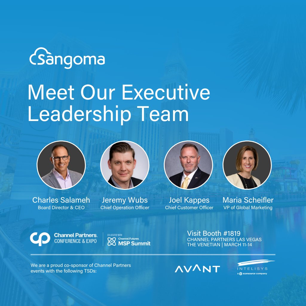 Meet our Executive Leadership Team at Channel Partners - Book a Meeting with Sangoma (MR25) Don't miss the chance to connect with them at Channel Partners. 2024 will be a big year for the channel at Sangoma! 🗓️ Set a meeting at MeetUs@sangoma.com #channelpartners