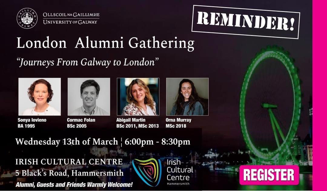 📢 Join us for our University of Galway London Alumni Gathering! 🍀 St. Patrick's Week - 'Journeys from London to Galway'. March 13th, 6pm. Irish Cultural Centre with alumni speakers: Moderated by Sonya Iovieno, HSBC Innovation Banking.
universityofgalway.ie/alumni-friends… Spread the word!