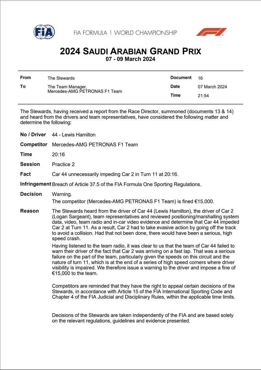 f1tej_'s tweet photo. ⚠️ | Lewis Hamilton has received a warning following his impeding on Logan Sargeant in Turn 10 during FP2

And Mercedes have been issued a €15,000 fine for not warning Lewis about Logan

#F1 #FIA #SaudiArabianGP https://t.co/yVX3HdB9rD
