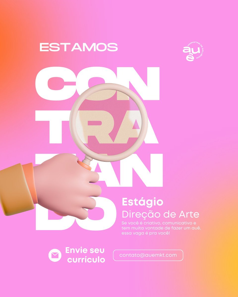 vagadesign's tweet image. 🔶Vaga para Direção de Arte | Estágio

🔸Auê Mkt
🔸Juiz de Fora, MG (híbrida 3x)

📅Até 12/03

🔸Envie seu currículo, portfólio e uma breve descrição sua para contato@auemkt.com

#vagadesign #vagas