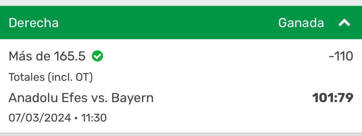 GMx_Picks's tweet photo. ¡Cayó el primer #verdazo del día! 

🧪 Over 165.5 #AnadoluEfes vs #Bayern [-110] ✅💰

#ApuestasConValorGMx https://t.co/71dSnUIme2