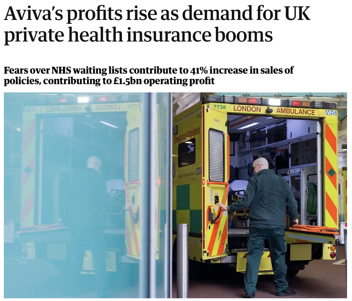 So sales of private health insurance at Aviva have risen by 41% in the last year. Exactly as the govt intended. Welcome to your 2-tier health service. Private for those who can afford it & an underfunded, understaffed, degraded NHS for everyone else. theguardian.com/business/2024/…