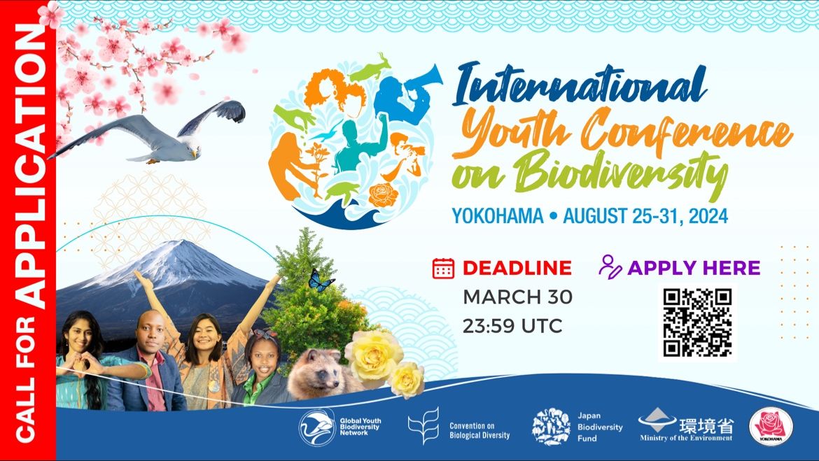 International Youth Conference on Biodiversity 2024 in Yokohama, Japan! 

📝 APPLY: Visit shorturl.at/amT58 to apply. Deadline: March 30, 23:59 UTC. Don't miss out!

#YouthLeaders #Biodiversity #Sustainability #Conference #GlobalYouth #ClimateAction #EnvironmentalLeadership