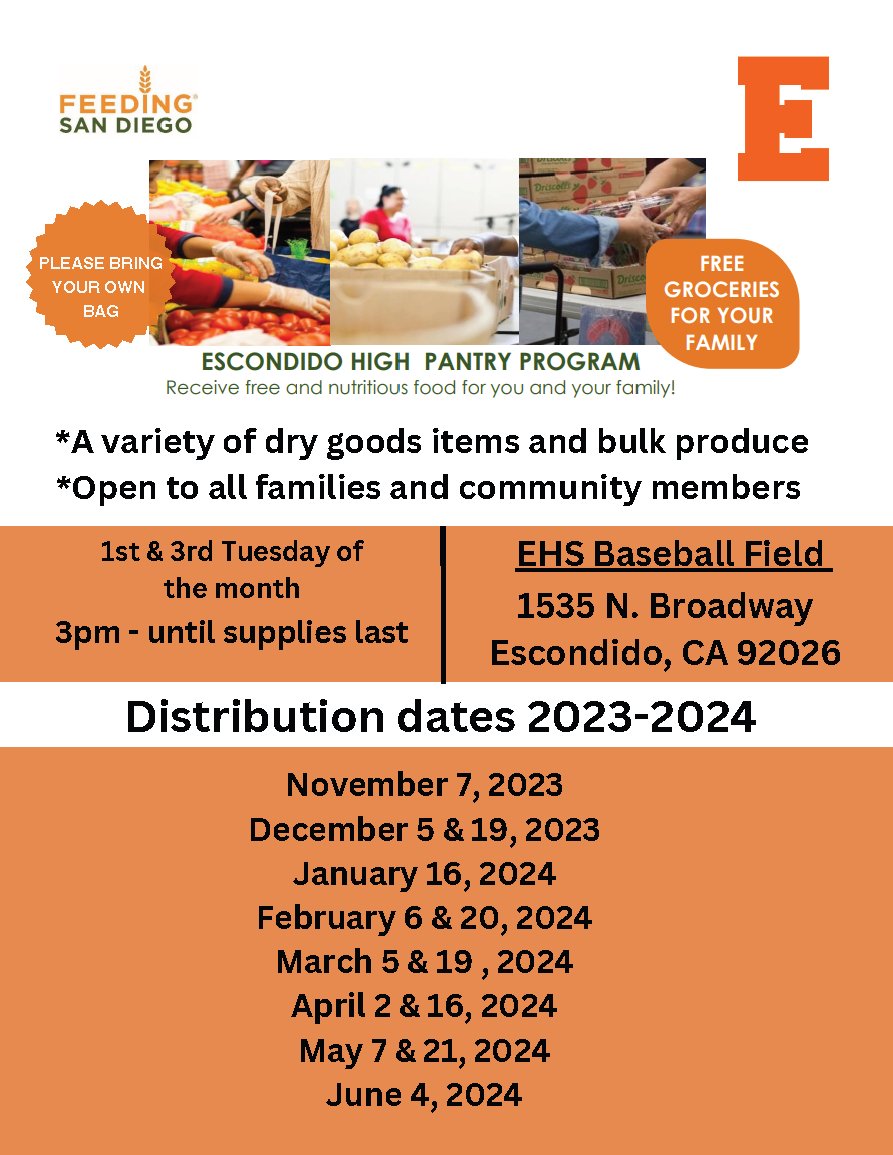 Get free and healthy food for yourself and your family! Join @FeedingSanDiego's event tomorrow, April 2, Escondido High School starting at 3:00 p.m. until supplies last. Be sure to participate in the remaining scheduled events of the school year. @ehscougars