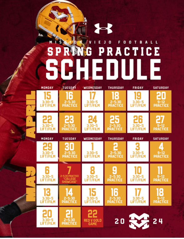 🏈 Exciting news, college football coaches! Our spring schedule is officially posted. Check it out for upcoming practice dates, location, and more.