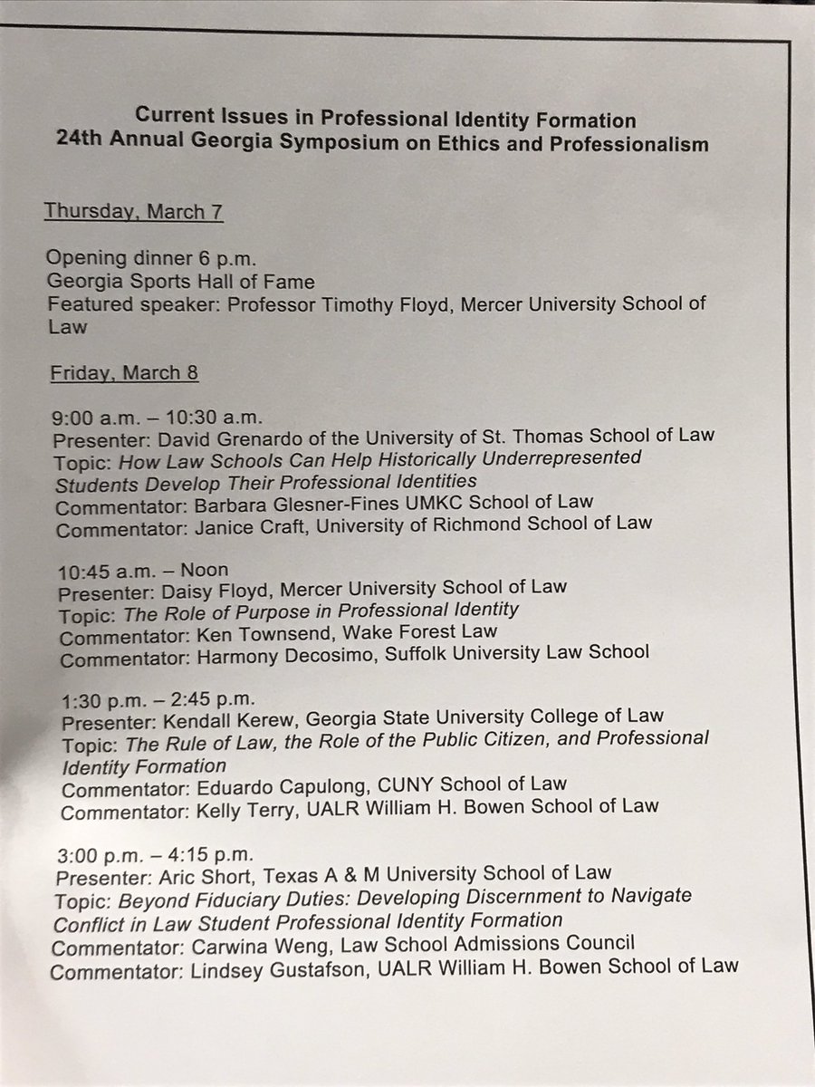 The @CJCPGA ED is at the 24th Annual Georgia Symposium on Ethics and Professionalism at @MercerLAWSchool. This evening, Prof. Tim Floyd, is presenting after a welcome from Dean Karen Sneddon and Prof. Pat Longan.