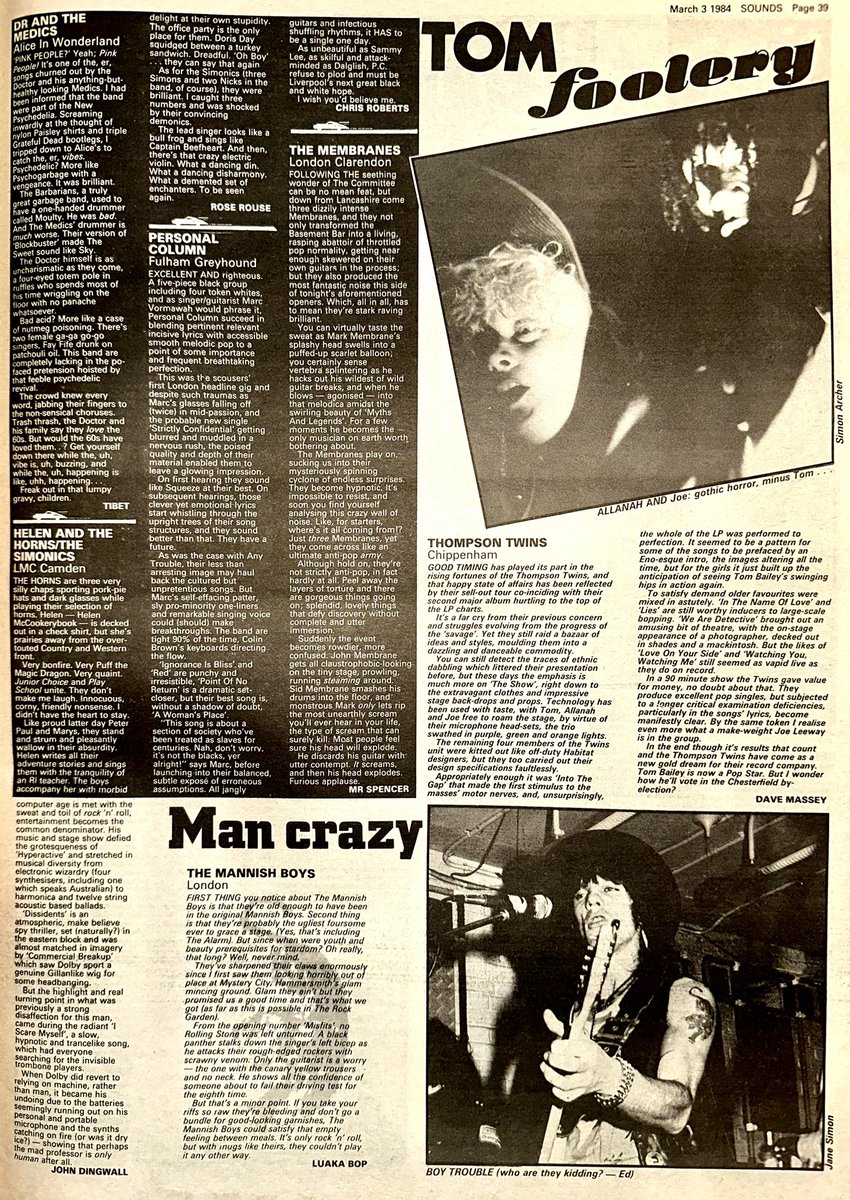 Andy Hurt embraces Jazz in ‘an immaculate performance’ by Jazawaki.
John Dingwall reviews Thomas Dolby, Tibet sees Dr & the Medics & Mr Spencer catches The Membranes at the Clarendon 

#Jazawaki @ThomasDolby @#TheMembranes #DrandtheMedics 

Sounds Mar 3rd 1984