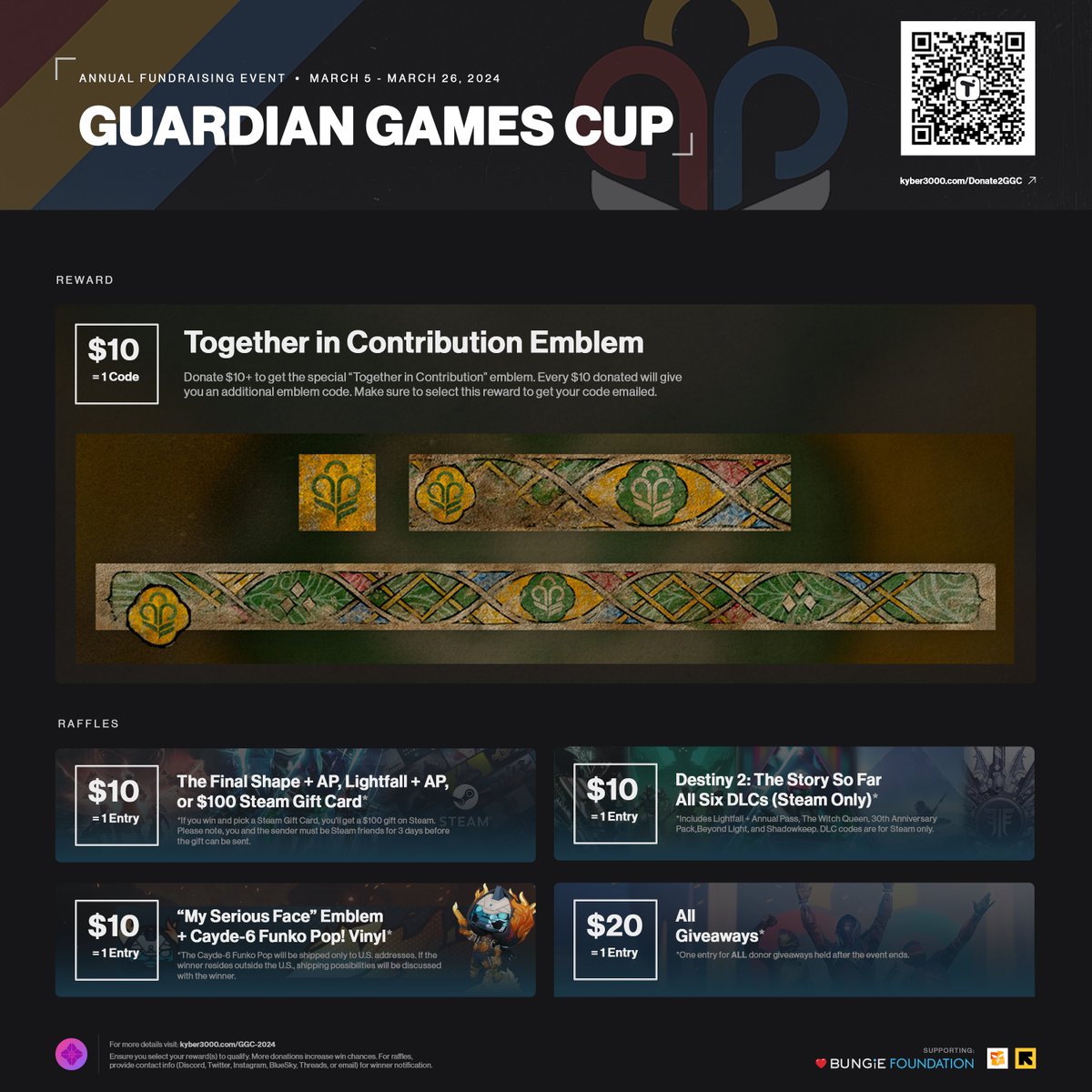 Update on @BungieLove Guardian Games Cup: Thanks to your support, we've raised $396 so far, and our team, including @gdnphotographer, @Destiny_Pizzle, and @VexNetAssistant, has brought the total to $1,667 for the Light Keepers Alliance. 🌟🤝

Help us reach our $1,000 goal by…