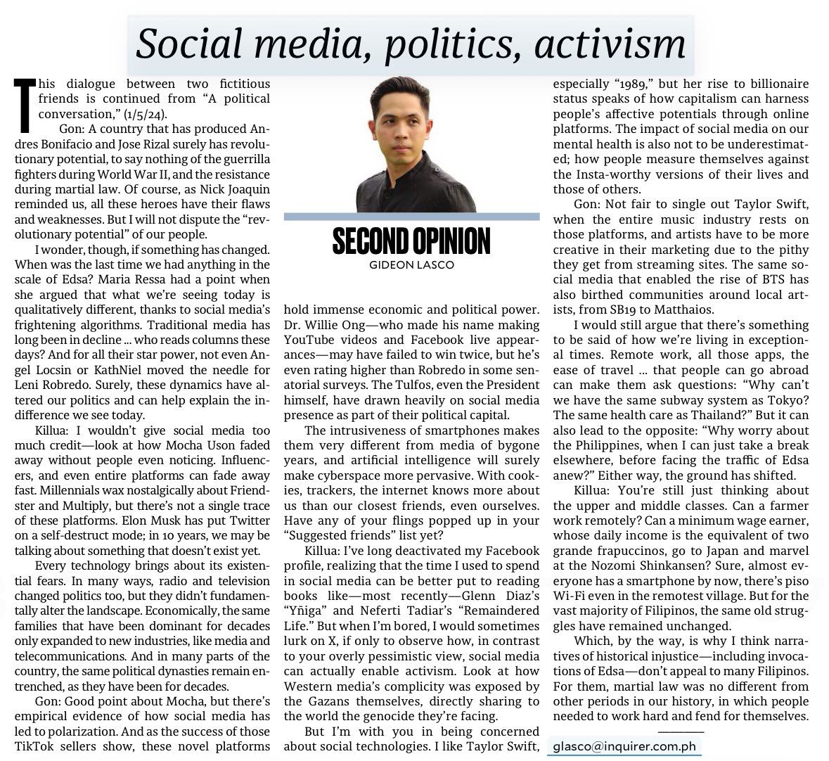 My column today continues an imaginary conversation about politics in the Philippines, particularly the role of social media and technology in activism: